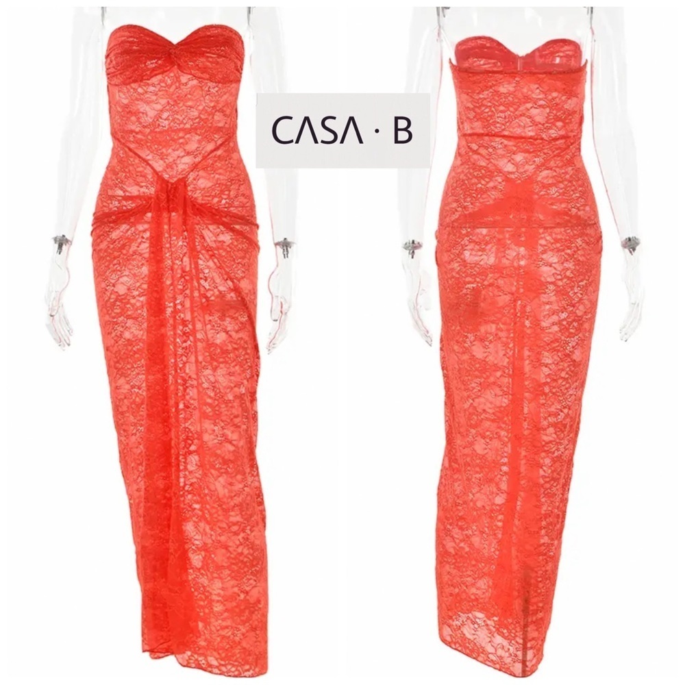 NEW to CASA B💫 Theresa Front-Twist Strapless Lace Maxi Dress-Tangerine orange - Picture 14 of 17